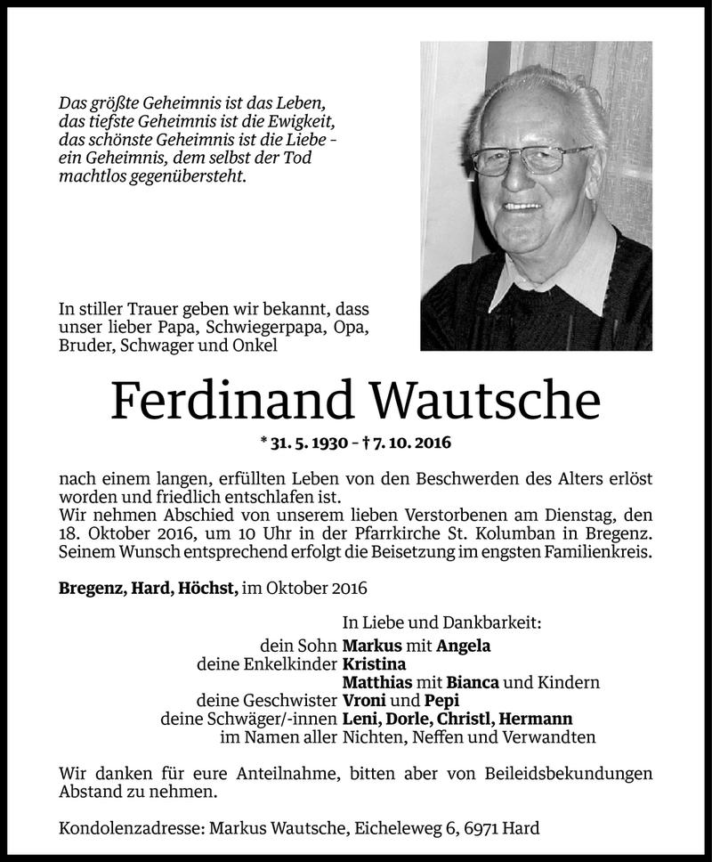  Todesanzeige für Ferdinand Wautsche vom 12.10.2016 aus Vorarlberger Nachrichten