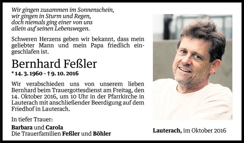  Todesanzeige für Bernhard Feßler vom 11.10.2016 aus Vorarlberger Nachrichten