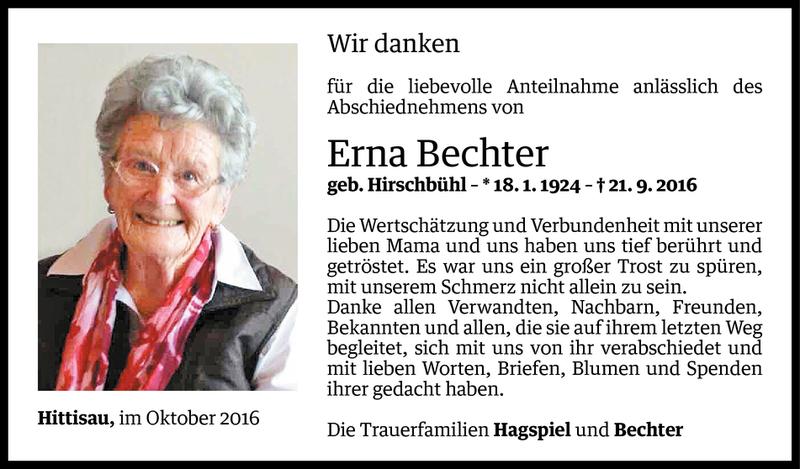  Todesanzeige für Erna Bechter vom 12.10.2016 aus Vorarlberger Nachrichten