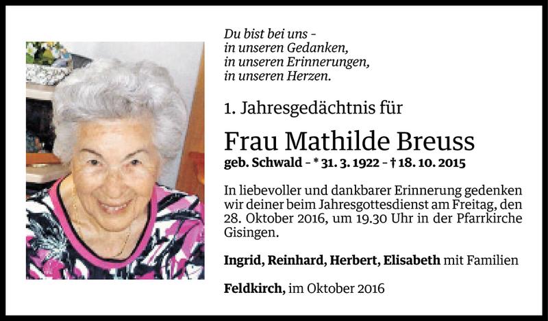  Todesanzeige für Mathilde Breuss vom 17.10.2016 aus Vorarlberger Nachrichten