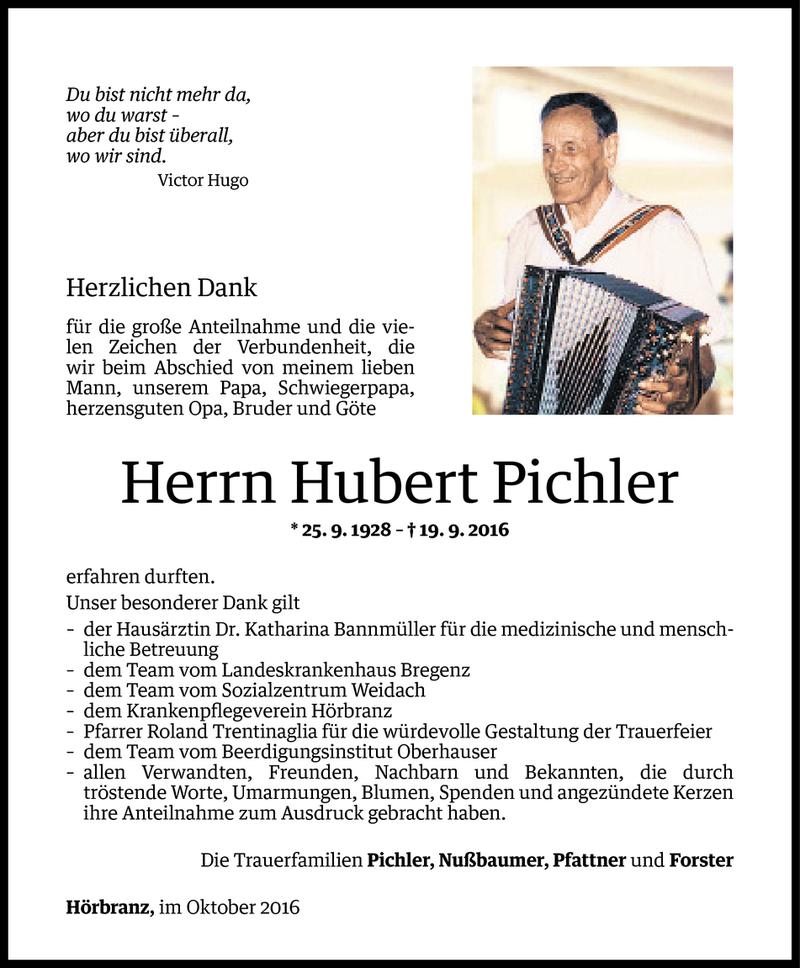  Todesanzeige für Hubert Pichler vom 14.10.2016 aus Vorarlberger Nachrichten