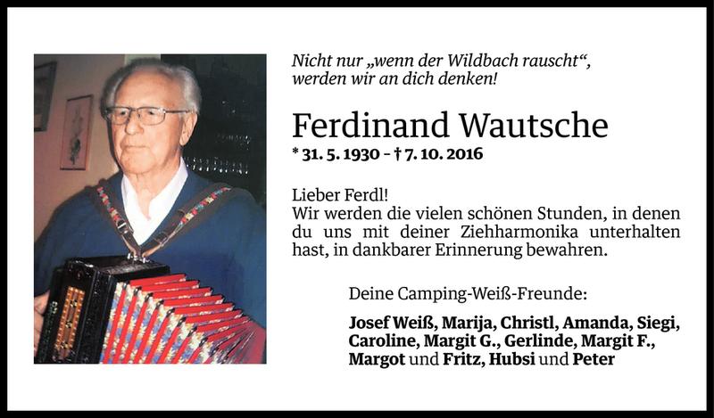  Todesanzeige für Ferdinand Wautsche vom 13.10.2016 aus Vorarlberger Nachrichten