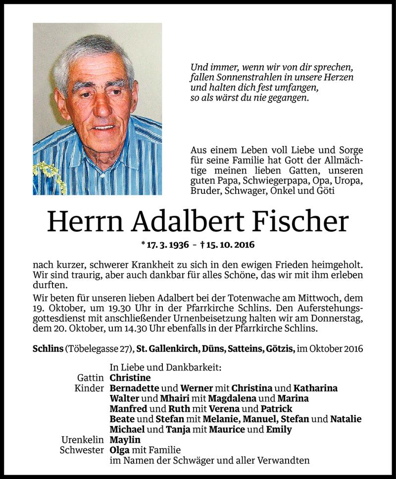  Todesanzeige für Adalbert Fischer vom 17.10.2016 aus Vorarlberger Nachrichten