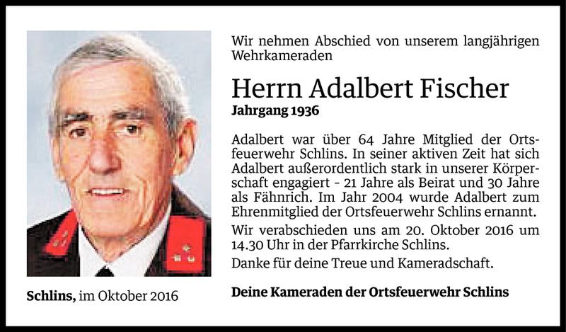  Todesanzeige für Adalbert Fischer vom 17.10.2016 aus Vorarlberger Nachrichten