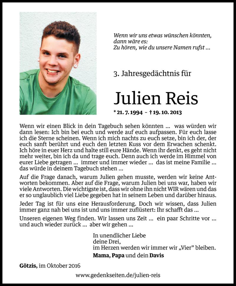  Todesanzeige für Julien Reis vom 19.10.2016 aus Vorarlberger Nachrichten