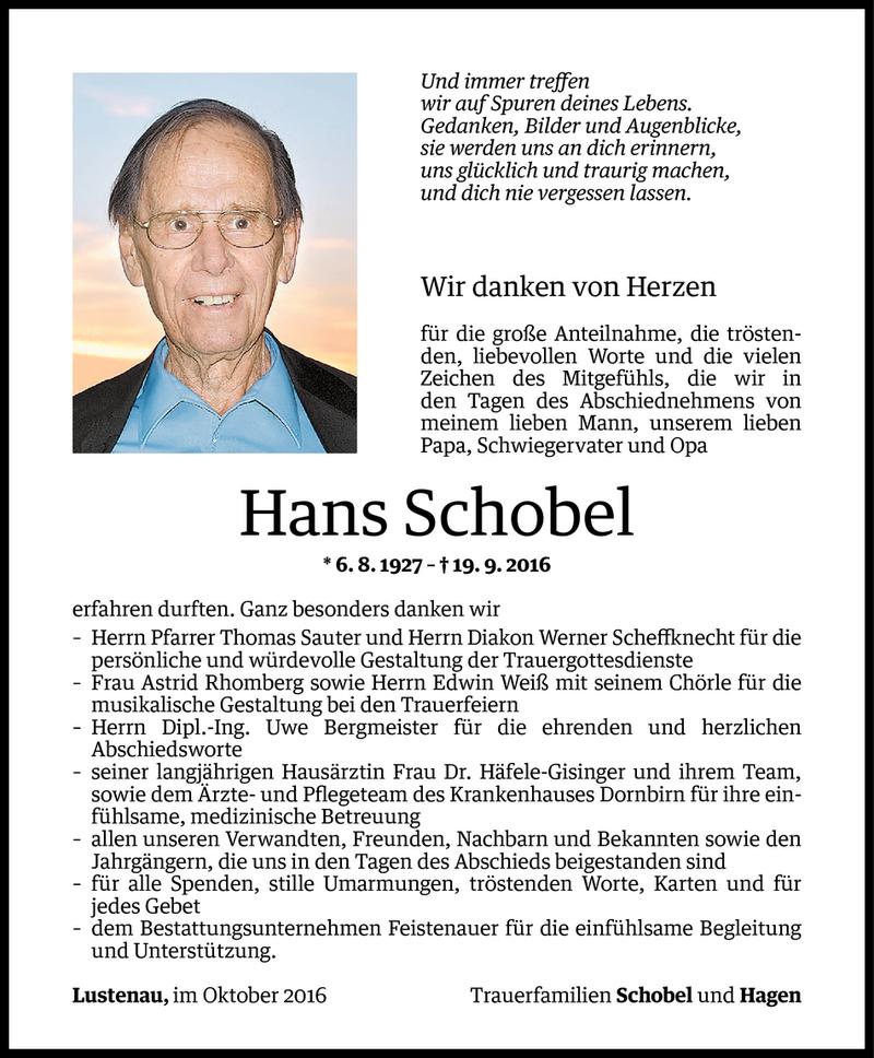  Todesanzeige für Hans Schobel vom 18.10.2016 aus Vorarlberger Nachrichten