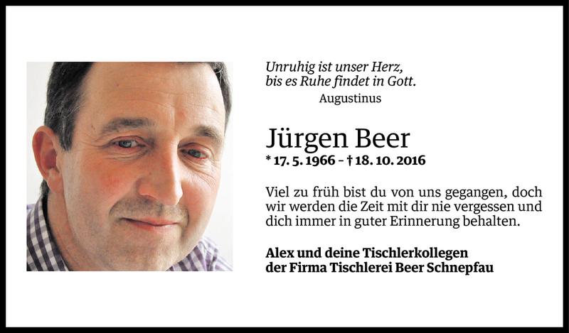  Todesanzeige für Jürgen Beer vom 19.10.2016 aus Vorarlberger Nachrichten