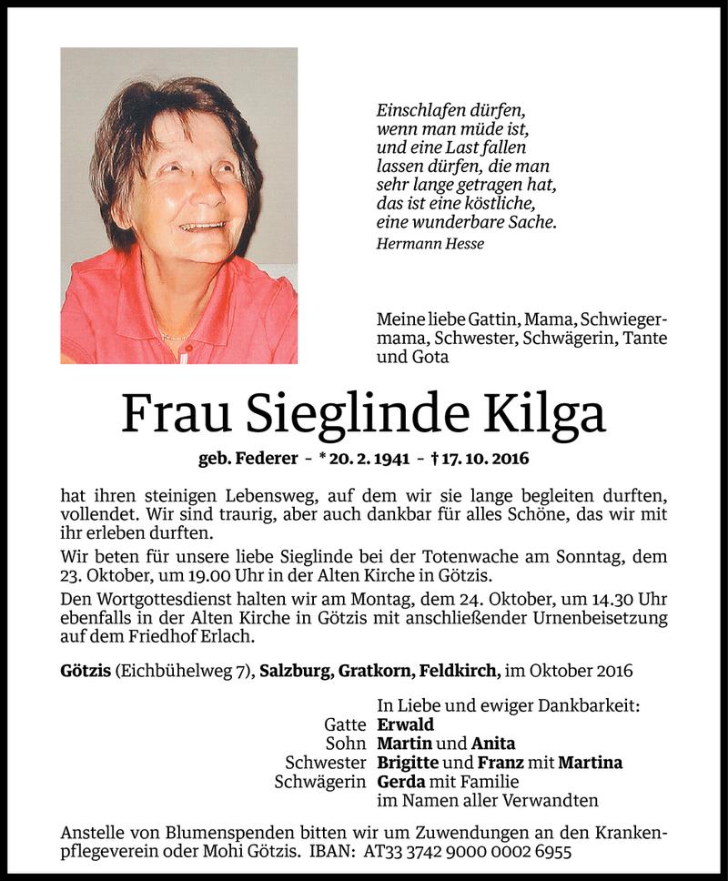  Todesanzeige für Sieglinde Kilga vom 20.10.2016 aus Vorarlberger Nachrichten