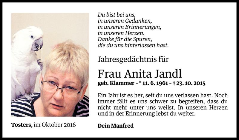  Todesanzeige für Anita Jandl vom 21.10.2016 aus Vorarlberger Nachrichten