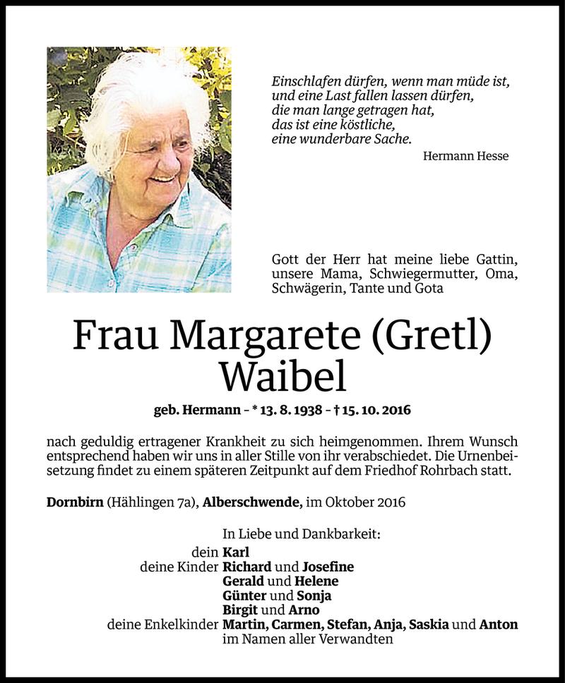  Todesanzeige für Margarete Waibel vom 22.10.2016 aus Vorarlberger Nachrichten