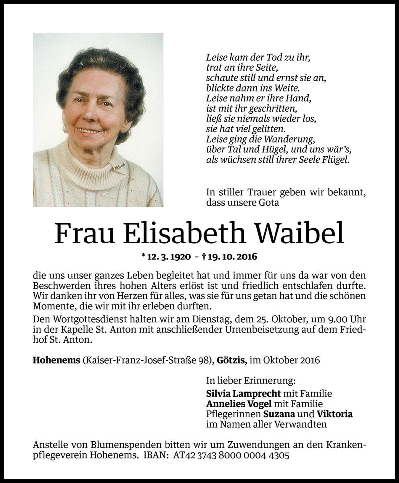  Todesanzeige für Elisabeth Waibel vom 21.10.2016 aus Vorarlberger Nachrichten