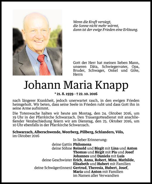 Todesanzeige von Johann Maria Knapp von Vorarlberger Nachrichten