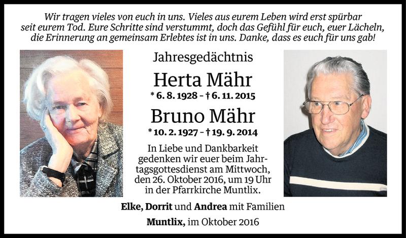  Todesanzeige für Mähr Herta und Bruno vom 23.10.2016 aus Vorarlberger Nachrichten