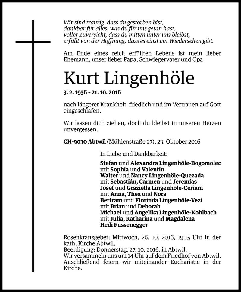  Todesanzeige für Kurt Lingenhöle vom 23.10.2016 aus Vorarlberger Nachrichten