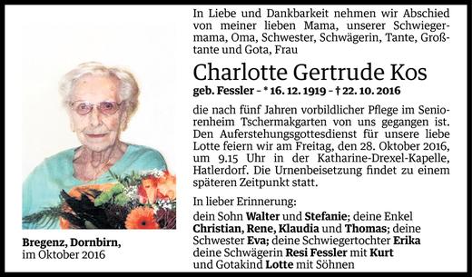 Todesanzeige von Charlotte Gertrude Kos von Vorarlberger Nachrichten