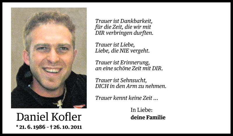  Todesanzeige für Daniel Kofler vom 25.10.2016 aus Vorarlberger Nachrichten