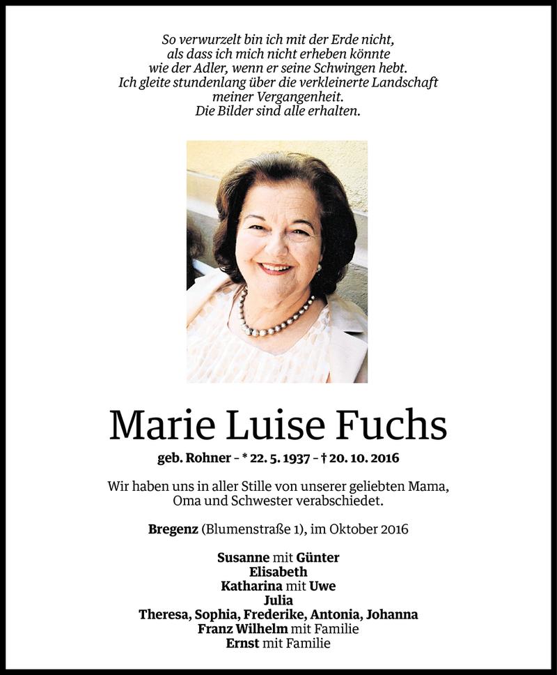  Todesanzeige für Marie Luise Fuchs vom 26.10.2016 aus Vorarlberger Nachrichten