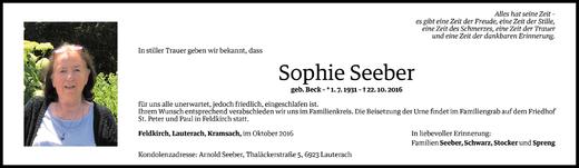 Todesanzeige von Sophie Seeber von Vorarlberger Nachrichten