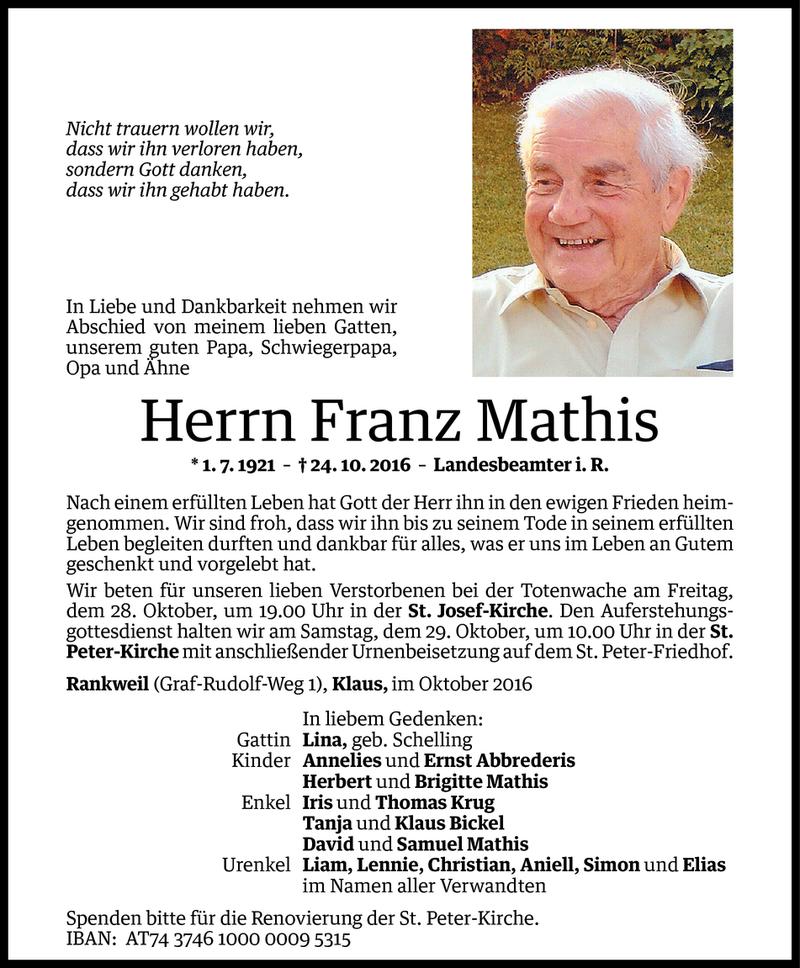  Todesanzeige für Franz Mathis vom 26.10.2016 aus Vorarlberger Nachrichten
