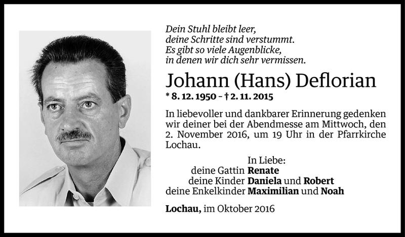  Todesanzeige für Johann Deflorian vom 28.10.2016 aus Vorarlberger Nachrichten