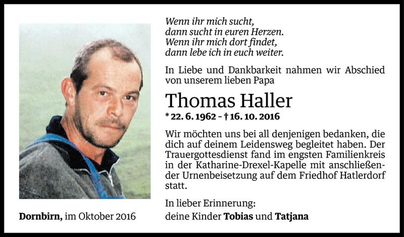  Todesanzeige für Thomas Haller vom 28.10.2016 aus Vorarlberger Nachrichten