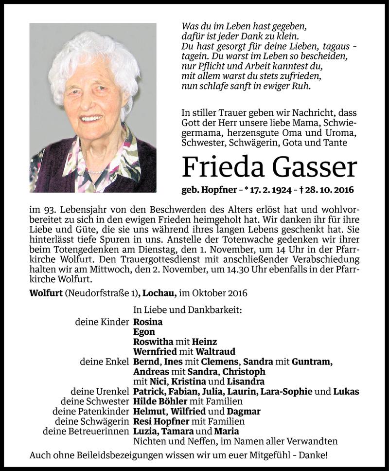  Todesanzeige für Frieda Gasser vom 28.10.2016 aus Vorarlberger Nachrichten