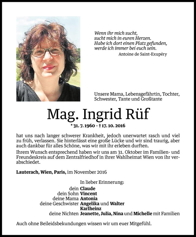  Todesanzeige für Ingrid Rüf vom 02.11.2016 aus Vorarlberger Nachrichten