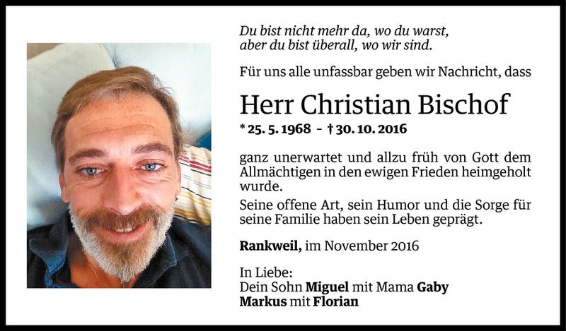  Todesanzeige für Christian Bischof vom 02.11.2016 aus Vorarlberger Nachrichten