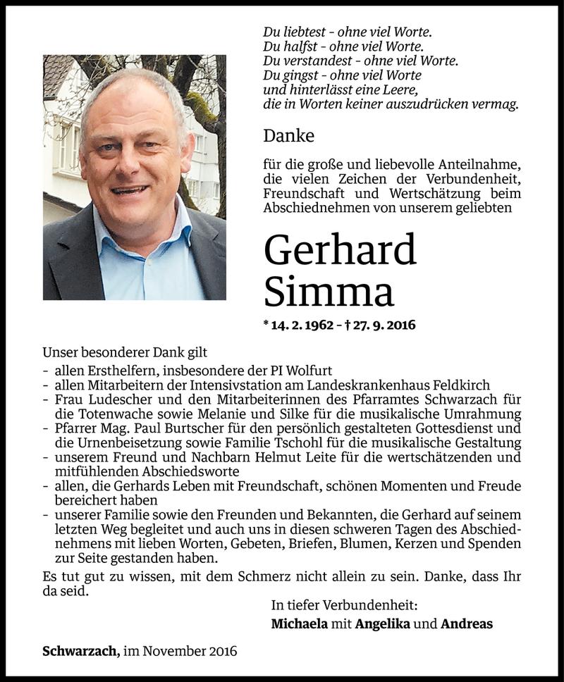  Todesanzeige für Gerhard Simma vom 01.11.2016 aus Vorarlberger Nachrichten