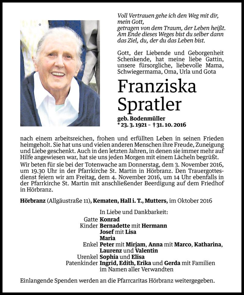  Todesanzeige für Franziska Spratler vom 01.11.2016 aus Vorarlberger Nachrichten