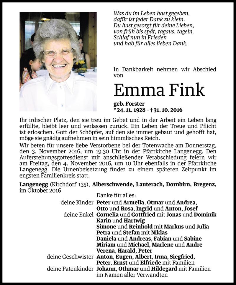  Todesanzeige für Emma Fink vom 01.11.2016 aus Vorarlberger Nachrichten