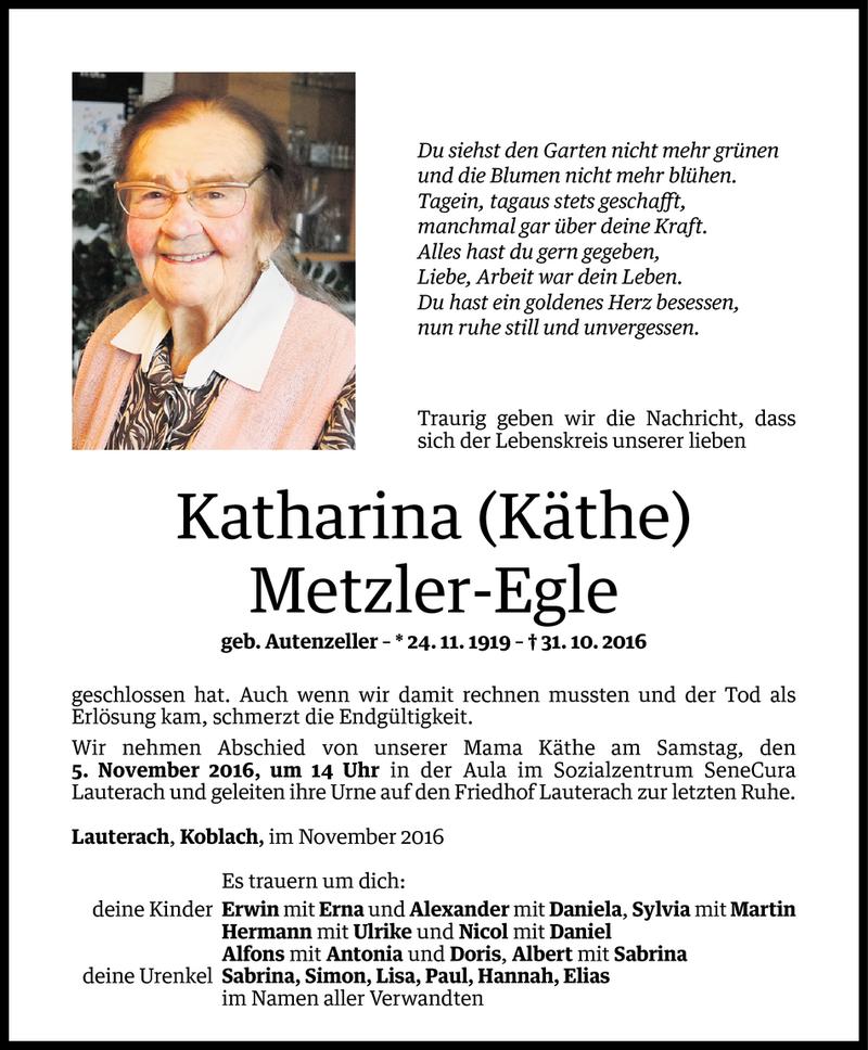  Todesanzeige für Katharina Metzler-Egle vom 02.11.2016 aus Vorarlberger Nachrichten