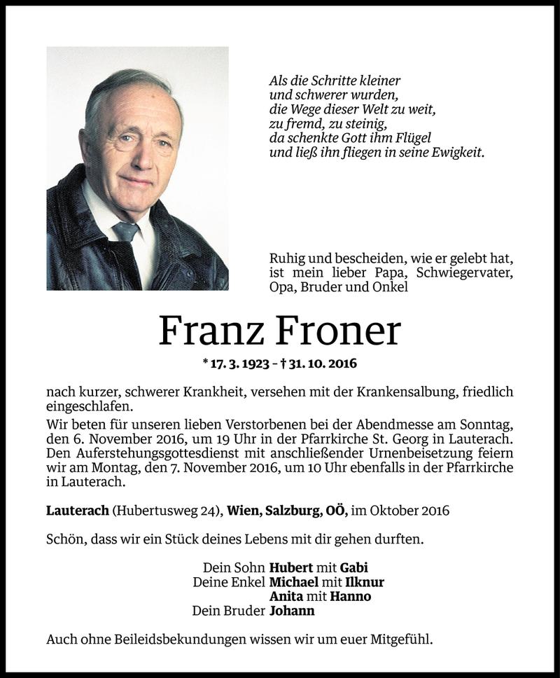  Todesanzeige für Franz Froner vom 04.11.2016 aus Vorarlberger Nachrichten