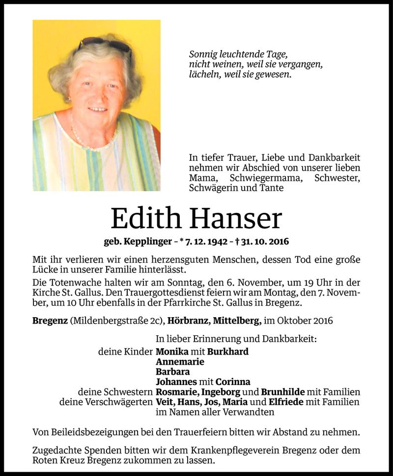  Todesanzeige für Edith Hanser vom 03.11.2016 aus Vorarlberger Nachrichten