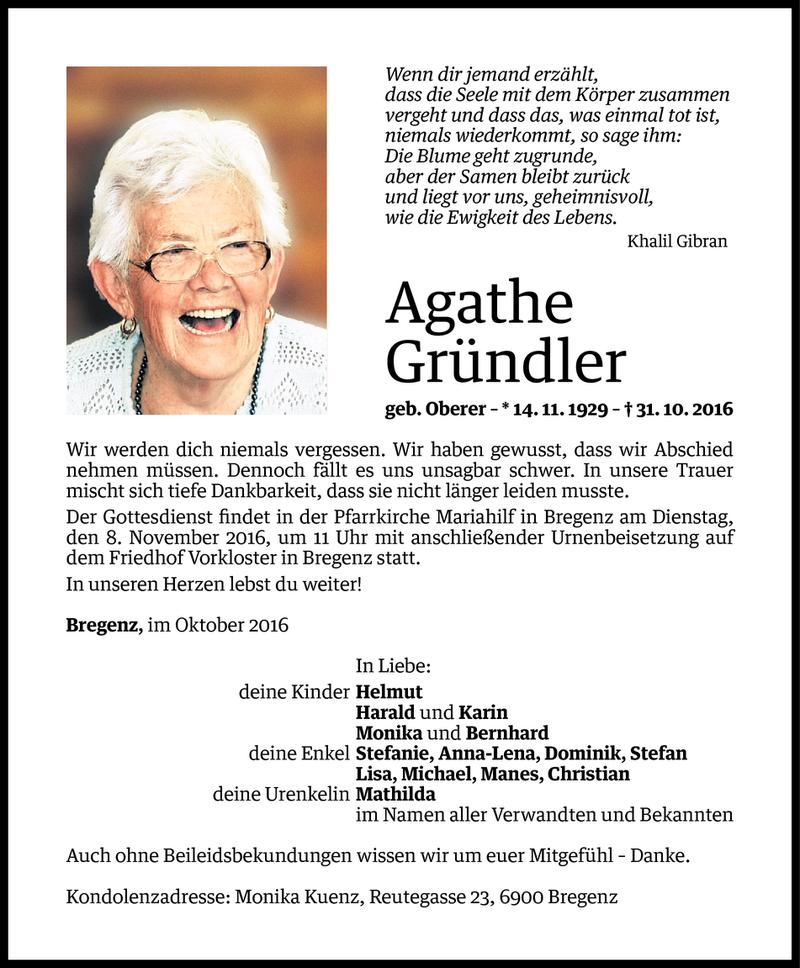  Todesanzeige für Agathe Gründler vom 04.11.2016 aus Vorarlberger Nachrichten