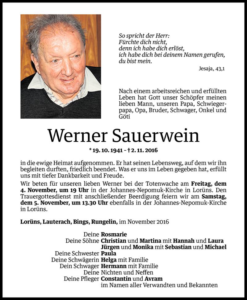  Todesanzeige für Werner Sauerwein vom 04.11.2016 aus Vorarlberger Nachrichten