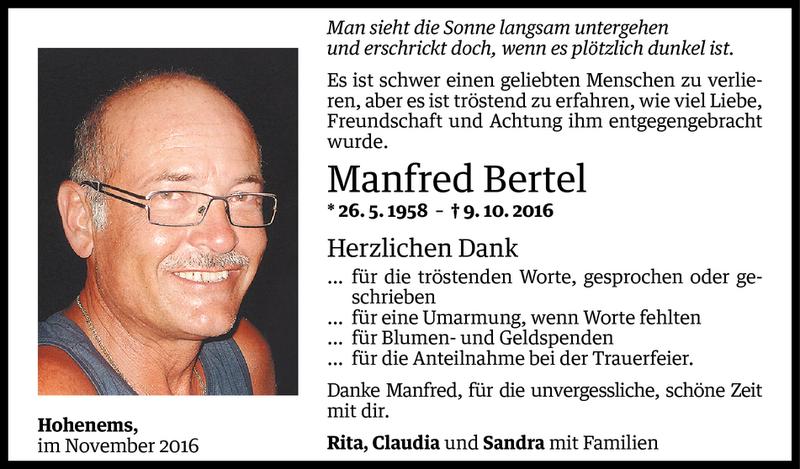  Todesanzeige für Manfred Bertel vom 04.11.2016 aus Vorarlberger Nachrichten