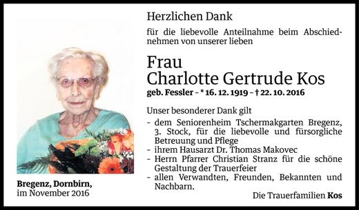 Todesanzeige von Charlotte Gertrude Kos von Vorarlberger Nachrichten