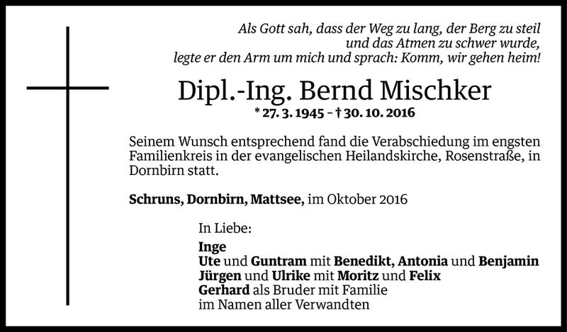  Todesanzeige für Bernd Mischker vom 12.11.2016 aus Vorarlberger Nachrichten