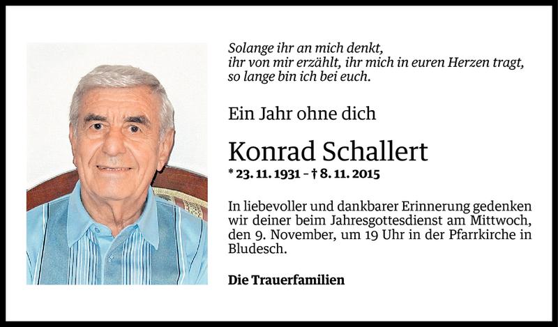  Todesanzeige für Konrad Schallert vom 06.11.2016 aus Vorarlberger Nachrichten