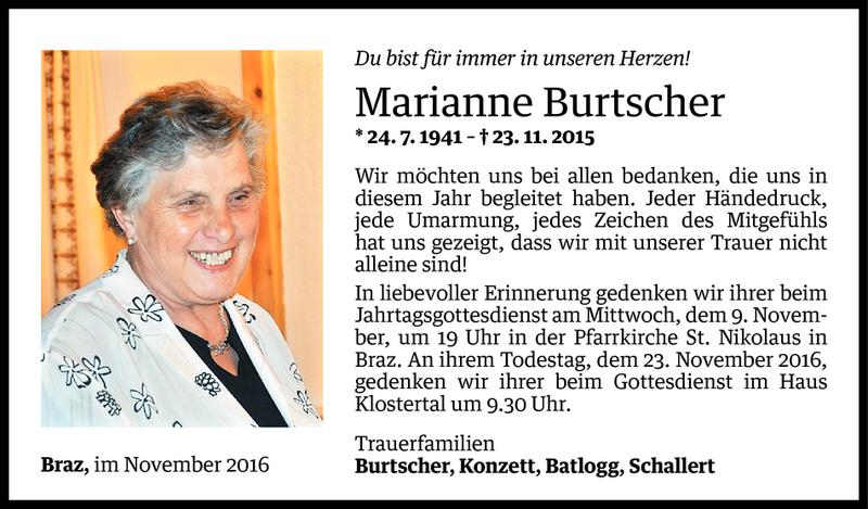 Todesanzeige für Marianne Burtscher vom 06.11.2016 aus Vorarlberger Nachrichten