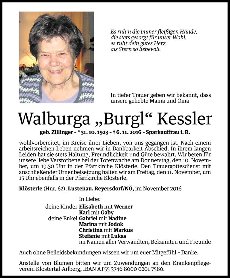  Todesanzeige für Walburga Kessler vom 08.11.2016 aus Vorarlberger Nachrichten