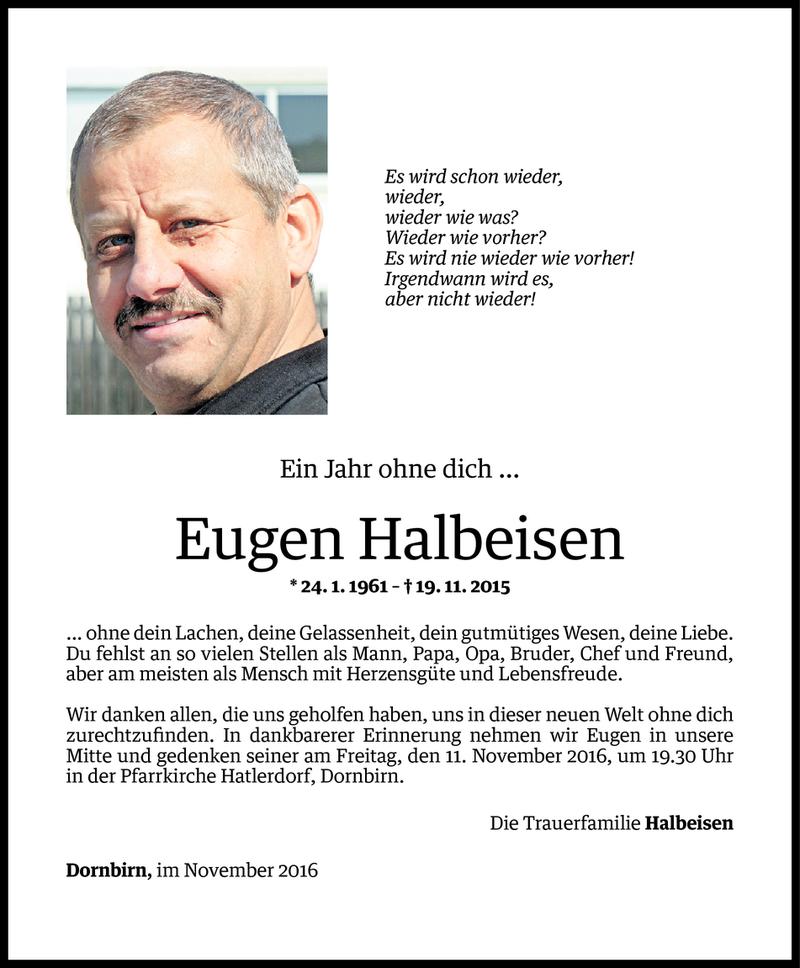  Todesanzeige für Eugen Halbeisen vom 08.11.2016 aus Vorarlberger Nachrichten