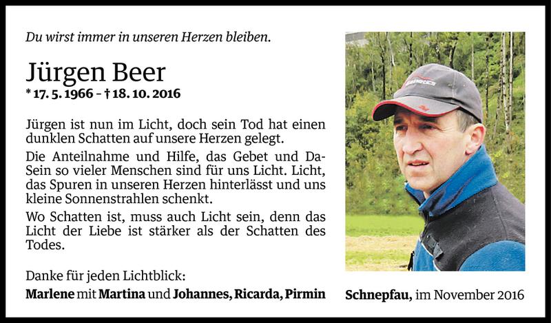  Todesanzeige für Jürgen Beer vom 08.11.2016 aus Vorarlberger Nachrichten