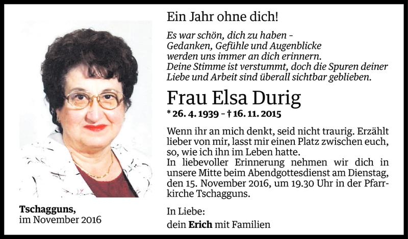  Todesanzeige für Elsa Durig vom 10.11.2016 aus Vorarlberger Nachrichten