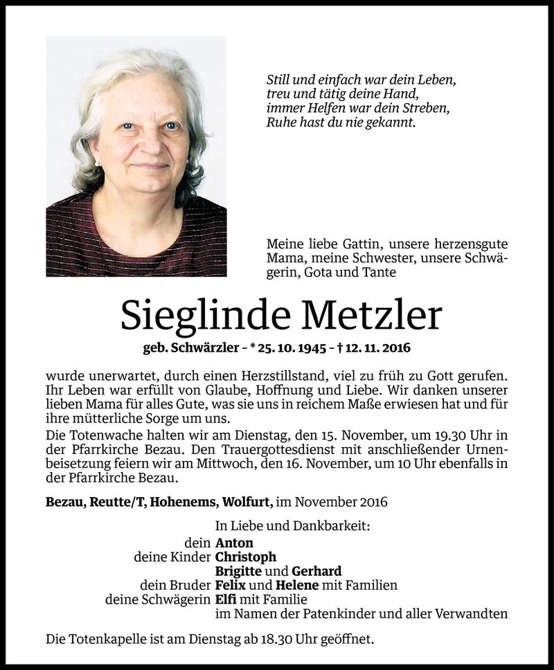  Todesanzeige für Sieglinde Metzler vom 13.11.2016 aus Vorarlberger Nachrichten