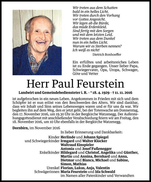 Todesanzeigen Von Paul Feurstein | Todesanzeigen Vorarlberger Nachrichten