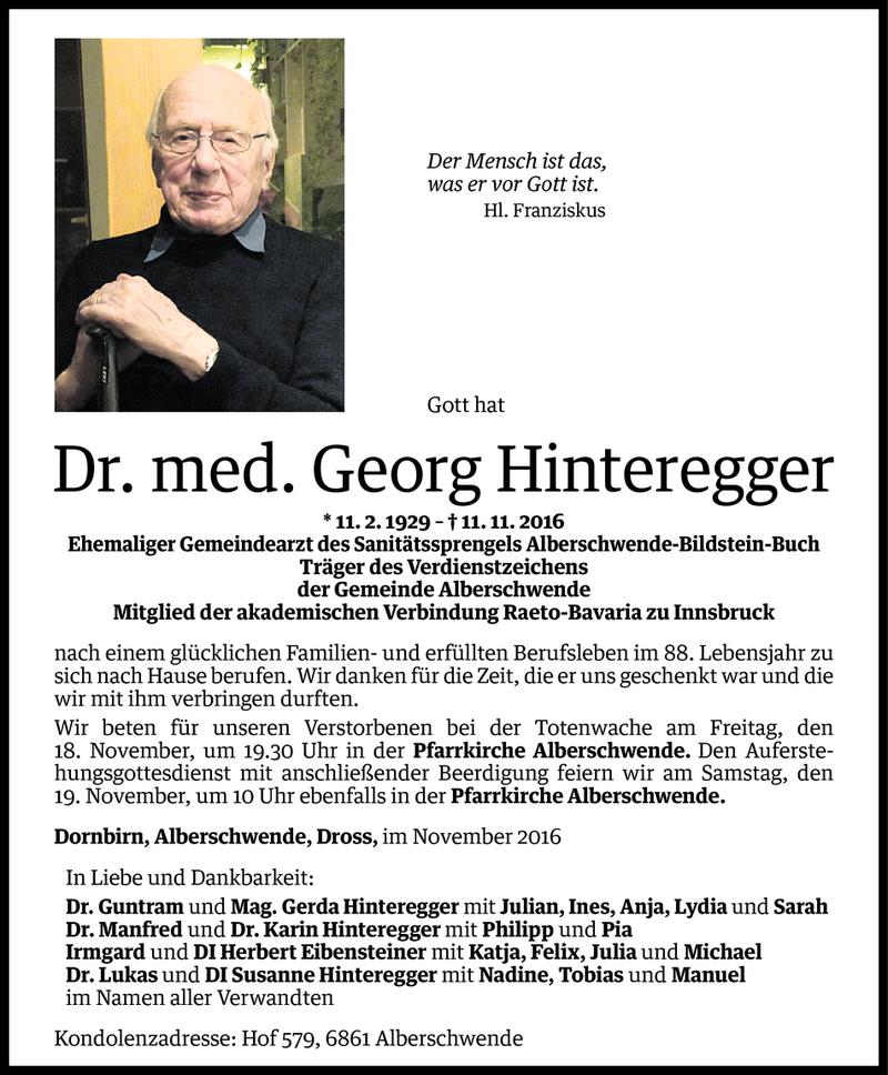  Todesanzeige für Georg Hinteregger vom 16.11.2016 aus Vorarlberger Nachrichten