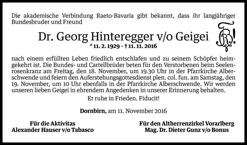  Todesanzeige für Georg Hinteregger vom 16.11.2016 aus Vorarlberger Nachrichten