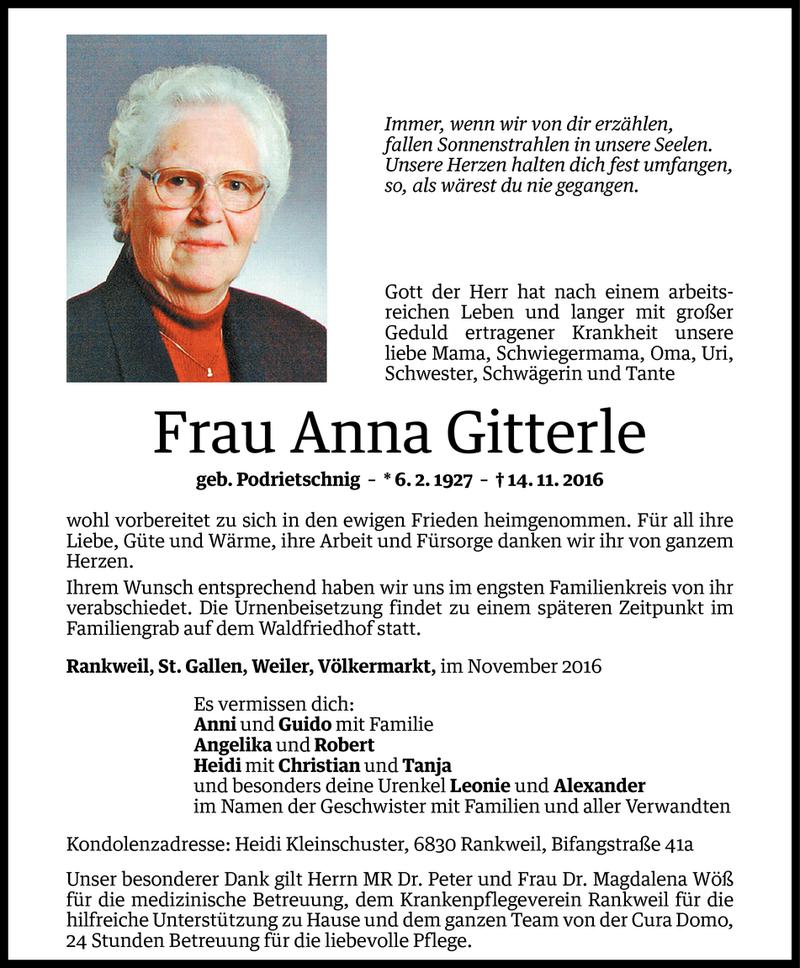  Todesanzeige für Anna Gitterle vom 17.11.2016 aus Vorarlberger Nachrichten